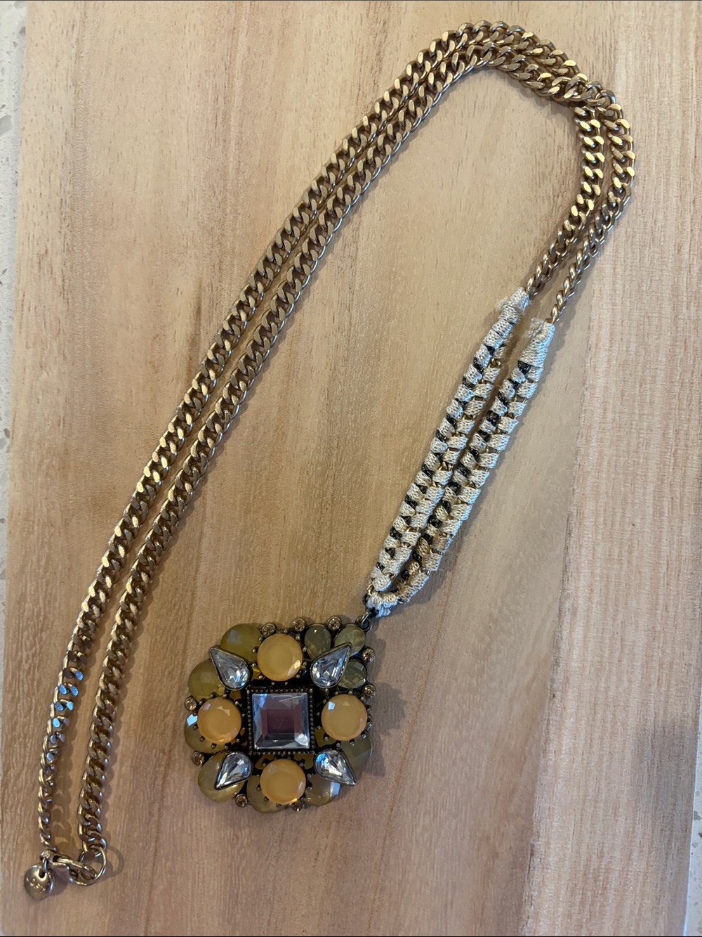 Mixed Media Statement Necklace Gold Tone Chain Jeweled Pendant Boho